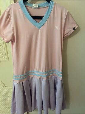 SET Pink and Lavender V-Neck Tennis Dress with Sky Blue Trim